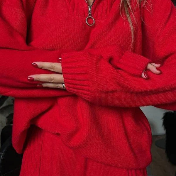 Dam Quarter-Zip Tröja – Mjuk Stickad – Oversized Passform – Ribbade Detaljer