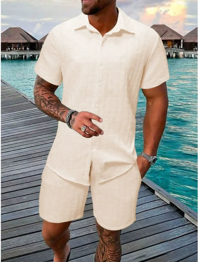 Herr Set med Kortärmad Skjorta och Shorts – Jacquard – Avslappnad Passform