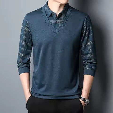 Herr Sweatshirt – Slim Fit – Stickad – V-ringad Lager-på-Lager Look – Rutmönstrade Ärmar