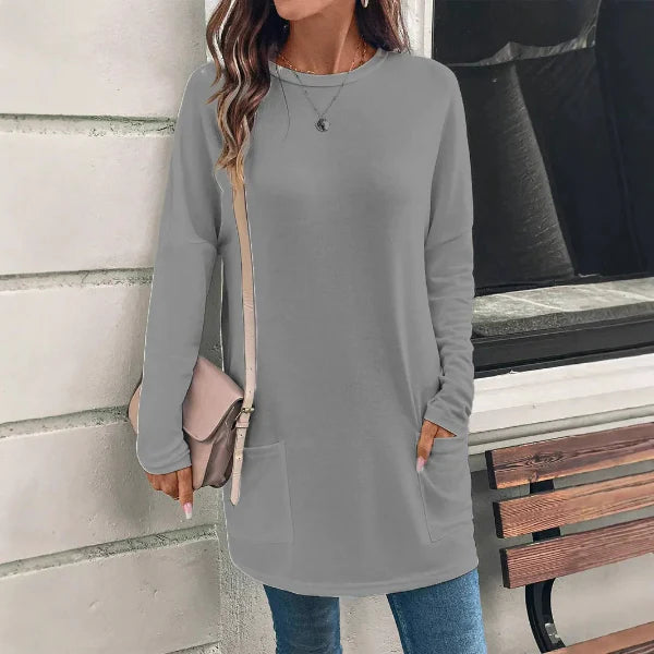 Damtunika – Lös Passform – Mjuk Bomullsblandning – Lång Ärmar – Fickor Fram