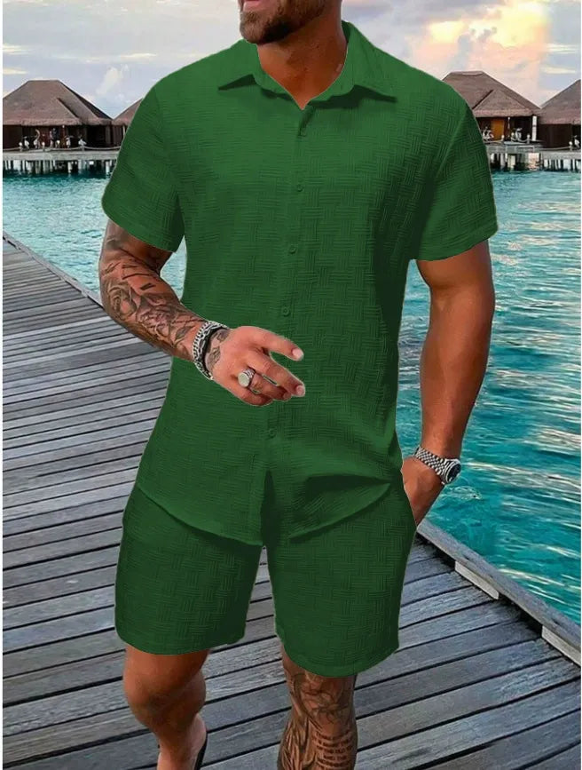 Herr Set med Kortärmad Skjorta och Shorts – Jacquard – Avslappnad Passform