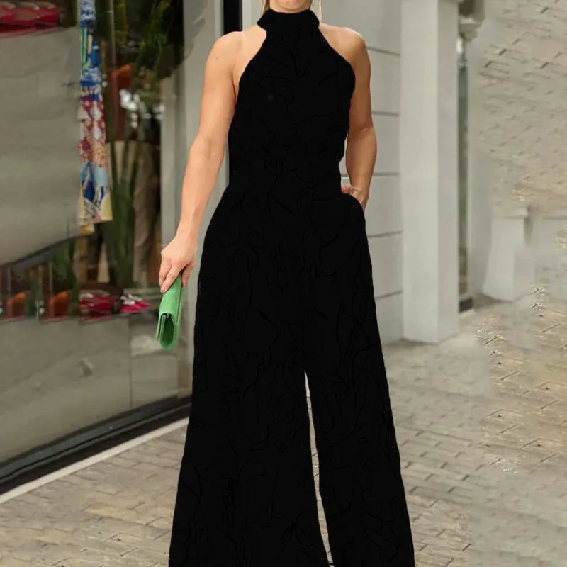 Dam Jumpsuit – Halterneck – Abstrakt Mönster – Vid Ben – Avslappnad Passform