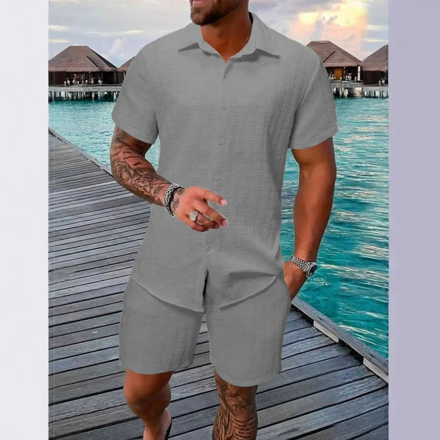 Herr Set med Kortärmad Skjorta och Shorts – Jacquard – Avslappnad Passform