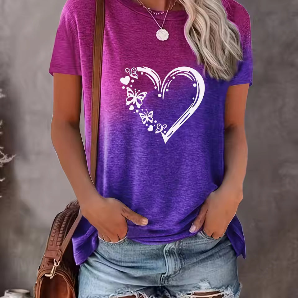 Dam T-shirt – Oversize Passform – Bomullsblandning – Hjärttryck med Fjäril – Rund Hals