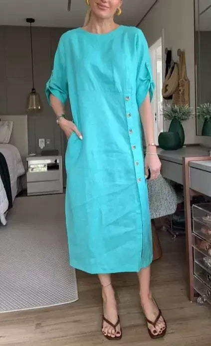 Damklänning midi – Linne bomull – Avslappnad passform – Korta ärmar – Knappdetalj