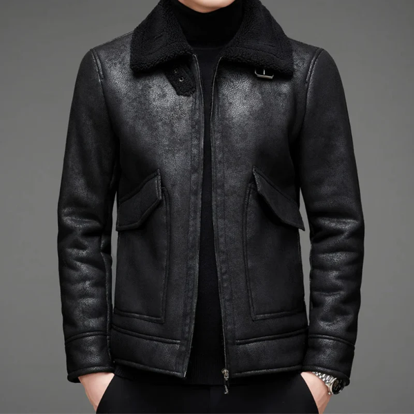 Herrjacka i Läder – Regular Fit – Shearlingkrage – Dragkedja – Vintage-Look