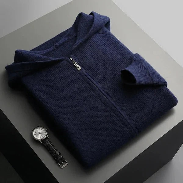 Herrhoodie – Ullblandning – Avslappnad Passform – Dragkedja – Ribbad Kant