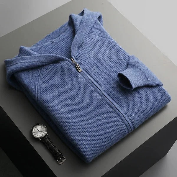 Herrhoodie – Ullblandning – Avslappnad Passform – Dragkedja – Ribbad Kant