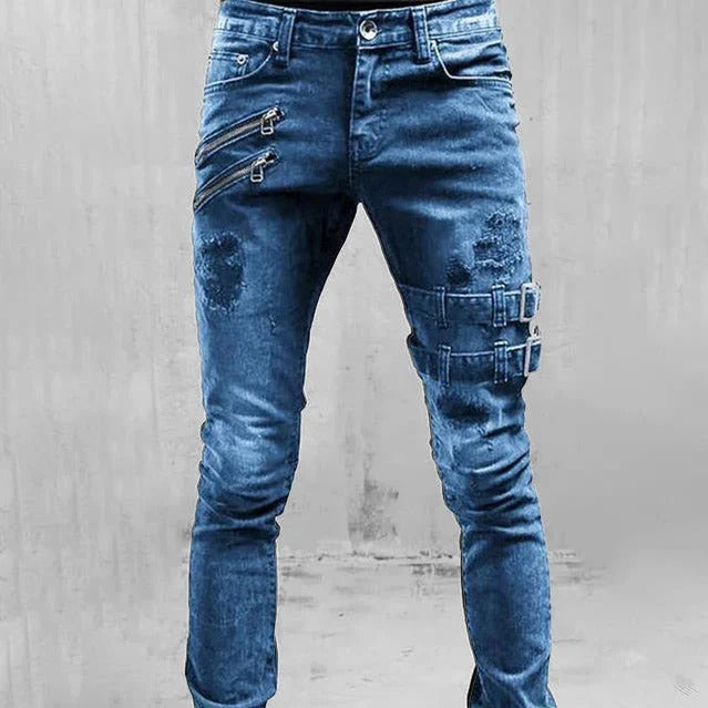 Herr Jeans – Smal Passform – Slitna Detaljer – Dragkedjor – Gotisk Spänndekor