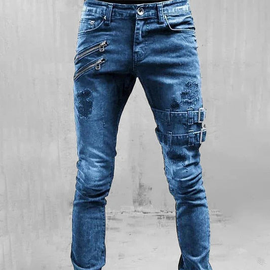Herr Jeans – Smal Passform – Slitna Detaljer – Dragkedjor – Gotisk Spänndekor