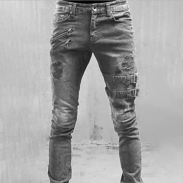 Herr Jeans – Smal Passform – Slitna Detaljer – Dragkedjor – Gotisk Spänndekor