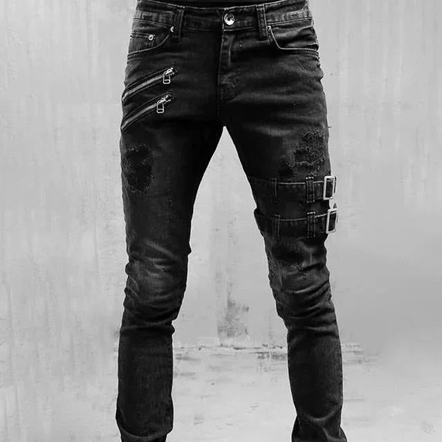 Herr Jeans – Smal Passform – Slitna Detaljer – Dragkedjor – Gotisk Spänndekor