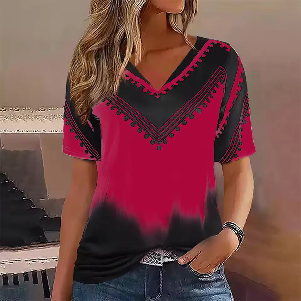 Dam T-shirt – Oversize Passform – V-ringning – Kort Ärm – Randigt Gradientmönster