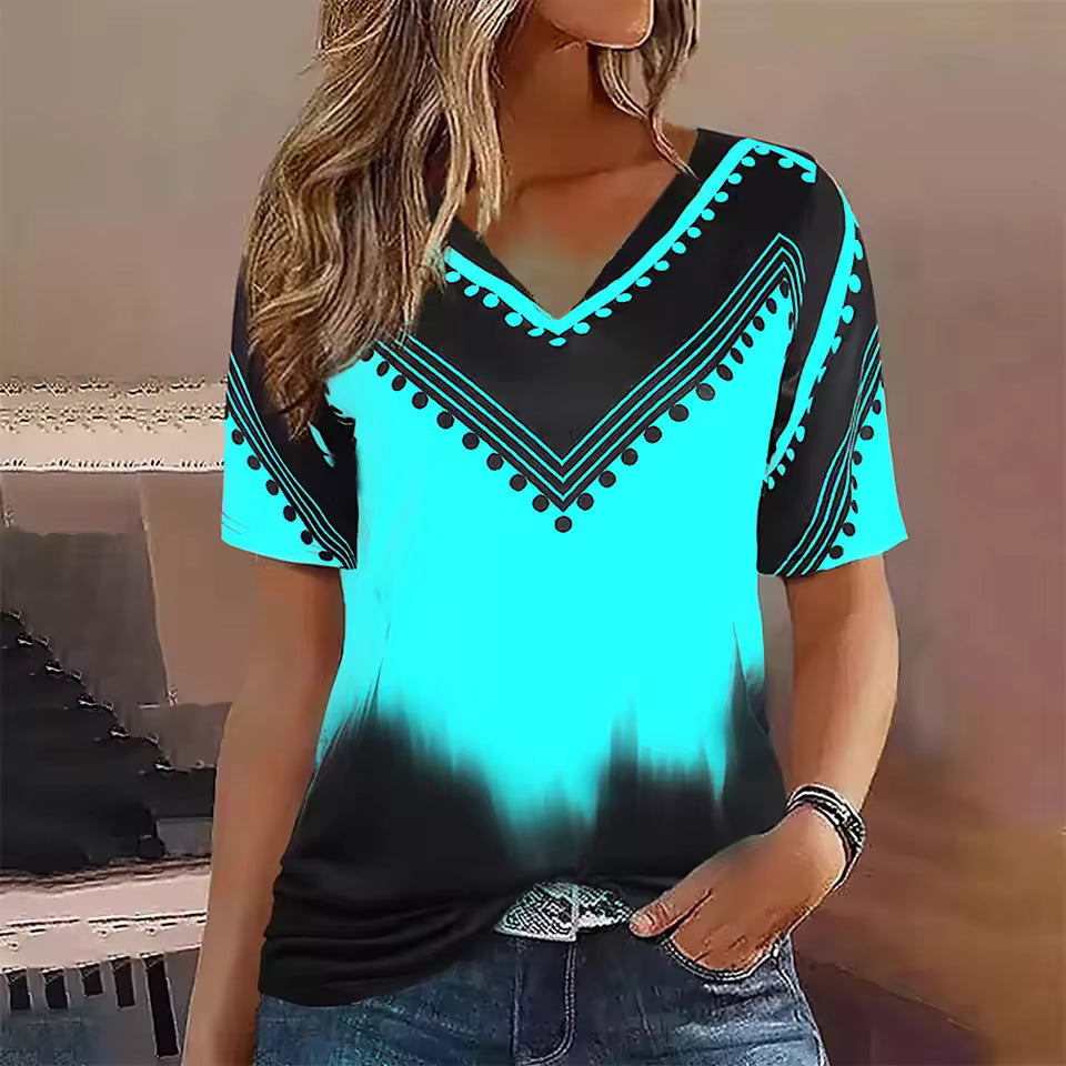 Dam T-shirt – Oversize Passform – V-ringning – Kort Ärm – Randigt Gradientmönster