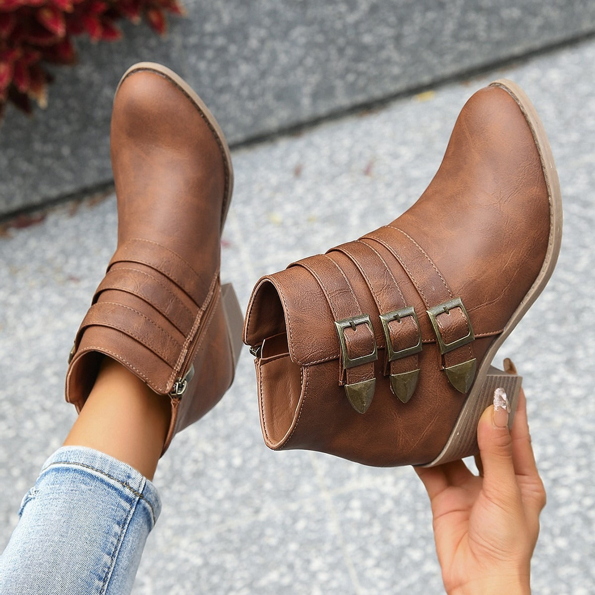 Dam Ankelboots – Skinnimitation – Blockklack – Spänndetalj Vintage Stil