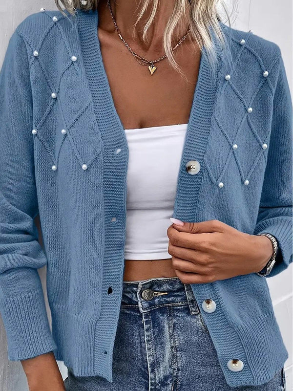 Damkofta – Ullstickad – Avslappnad Passform – V-ringning – Pärldetaljer – Knappar