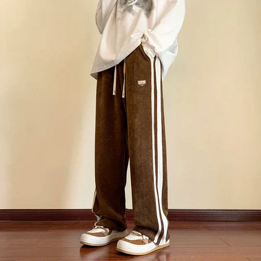 Herr Joggingbyxor – Baggy Passform – Mjuk Fleece – Justerbar Midja – Sportiga Ränder
