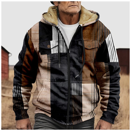 Herr Jacka – Regular Fit – Sherpafoder – Hel Dragkedja – Geometriskt Mönster – Huva