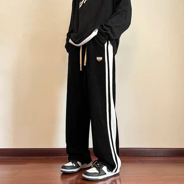 Herr Joggingbyxor – Baggy Passform – Mjuk Fleece – Justerbar Midja – Sportiga Ränder