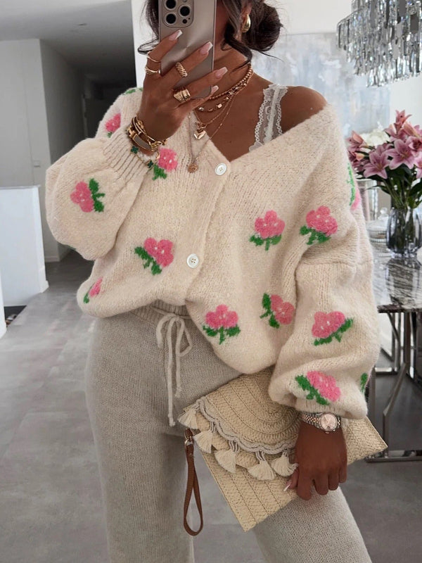 Damkofta – Oversized Passform – Ullmix – Blommig Jacquard – Lanternärmar – Knäppning