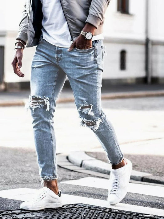 Herr Jeans – Slim Fit – Slitna Detaljer – Hellång – Femficksmodell i Denim
