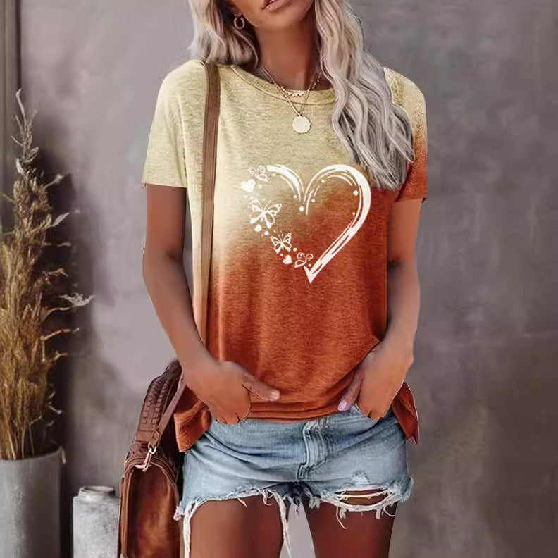 Dam T-shirt – Oversize Passform – Bomullsblandning – Hjärttryck med Fjäril – Rund Hals