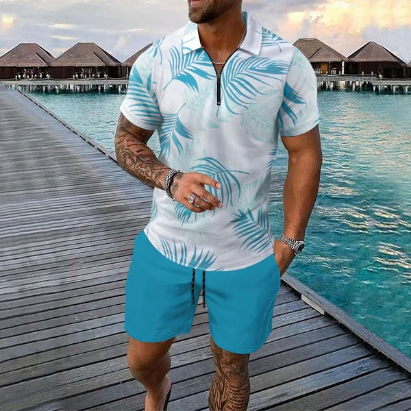 Herrset med pikétröja och shorts – Slim fit – Zipkrage – Tropiskt mönster