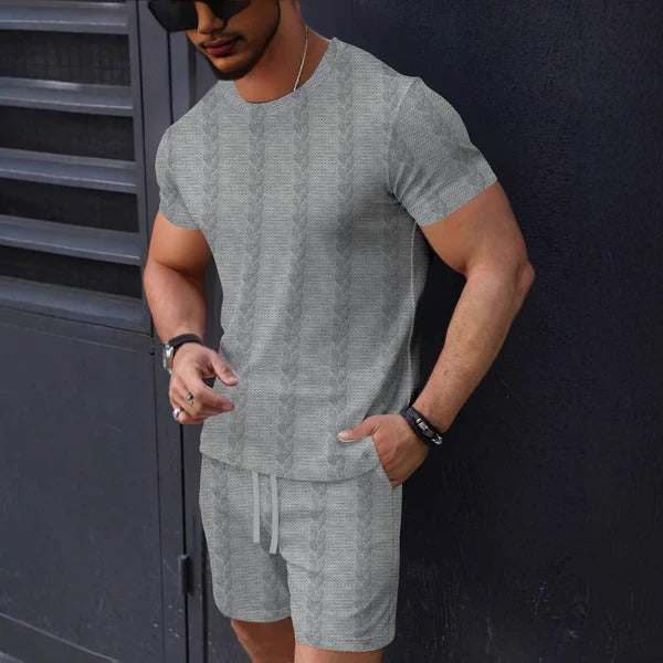 Herr Set T-shirt och Shorts – Texturstickad – Regular Fit – Rund Hals – Dragsko Midja