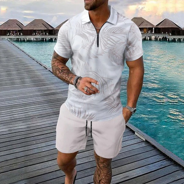 Herrset med pikétröja och shorts – Slim fit – Zipkrage – Tropiskt mönster