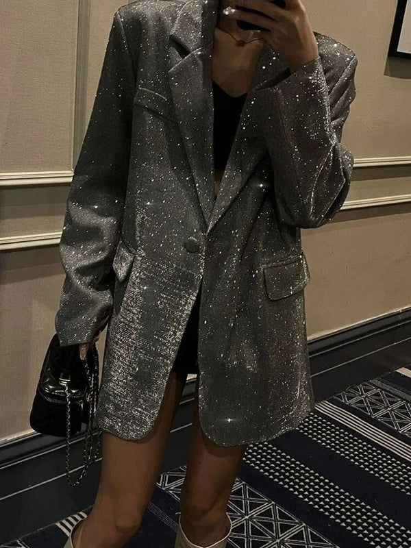 Dam Blazer – Oversize Passform – Glittrande Vävd Textur – Lång Modell – Enknäppt