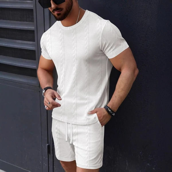 Herr Set T-shirt och Shorts – Texturstickad – Regular Fit – Rund Hals – Dragsko Midja