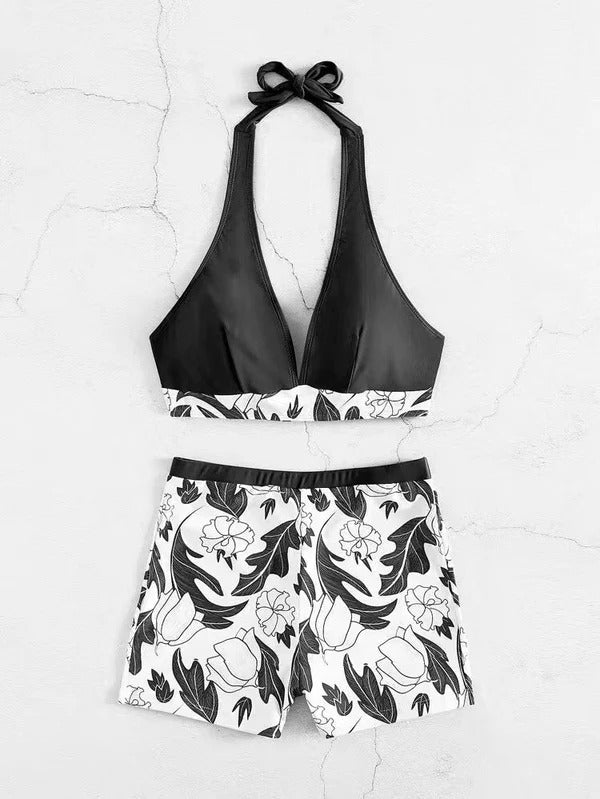 Dam Bikini Set – Halterneck – Hög Midja – Blommigt Mönster