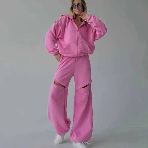 Dam Loungewear Set – Fleecekänsla – Avslappnad Passform – Huvtröja med Dragkedja – Vida Byxor med Utskärningar