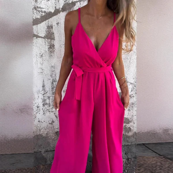 Damjumpsuit – Avslappnad Passform – Vida Ben – V-ringning – Midjeband – Ärmlös
