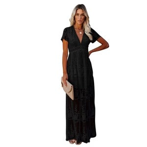 Damklänning maxi – V-ringning – Broderad – Kort ärm