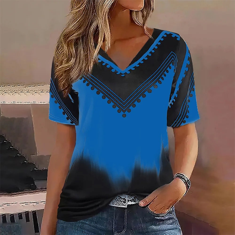Dam T-shirt – Oversize Passform – V-ringning – Kort Ärm – Randigt Gradientmönster