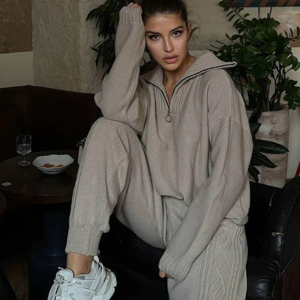 Dam Quarter-Zip Tröja – Mjuk Stickad – Oversized Passform – Ribbade Detaljer