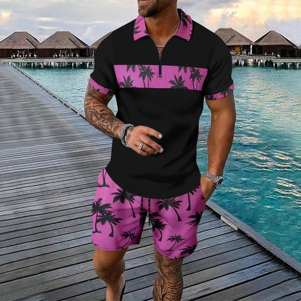 Herrset med pikétröja med dragkedja – Regular fit – Tropiskt mönster – Shorts med dragsko