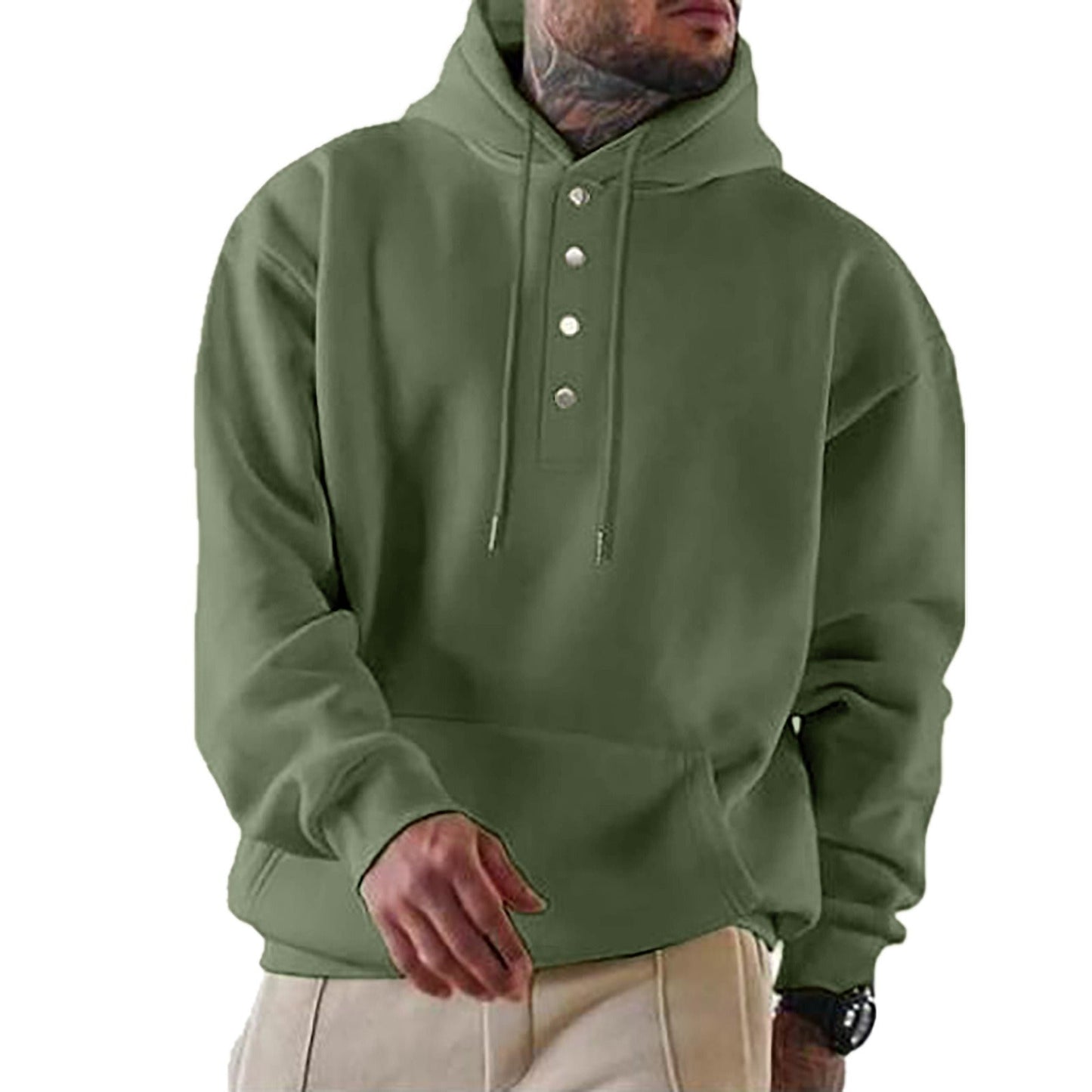 Herrhoodie – Avslappnad passform – Fleece-textur – Knappslå – Justerbar huva