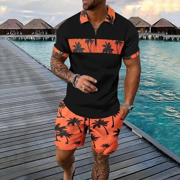 Herrset med pikétröja med dragkedja – Regular fit – Tropiskt mönster – Shorts med dragsko