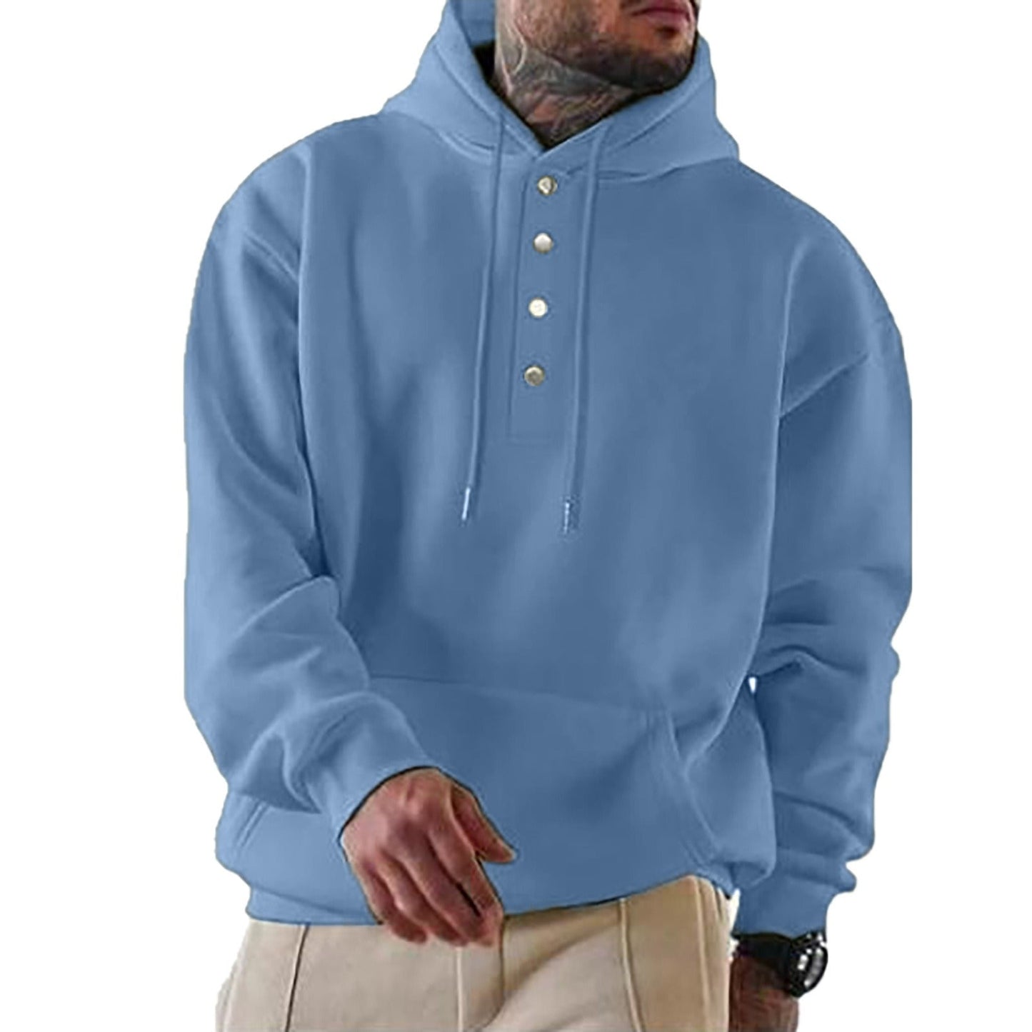 Herrhoodie – Avslappnad passform – Fleece-textur – Knappslå – Justerbar huva