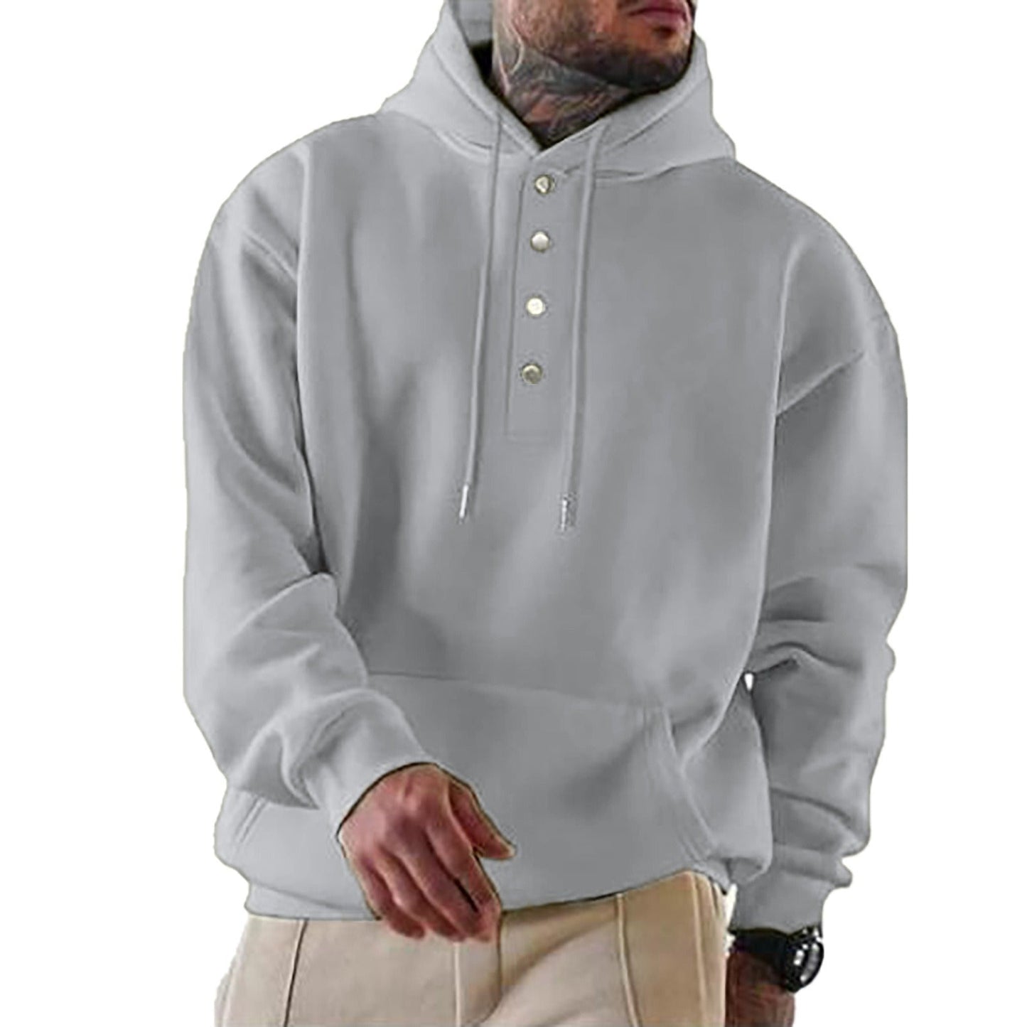 Herrhoodie – Avslappnad passform – Fleece-textur – Knappslå – Justerbar huva