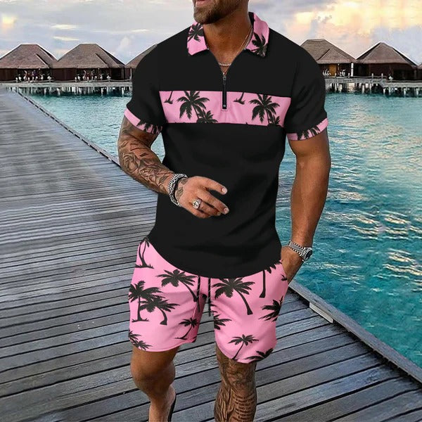 Herrset med pikétröja med dragkedja – Regular fit – Tropiskt mönster – Shorts med dragsko