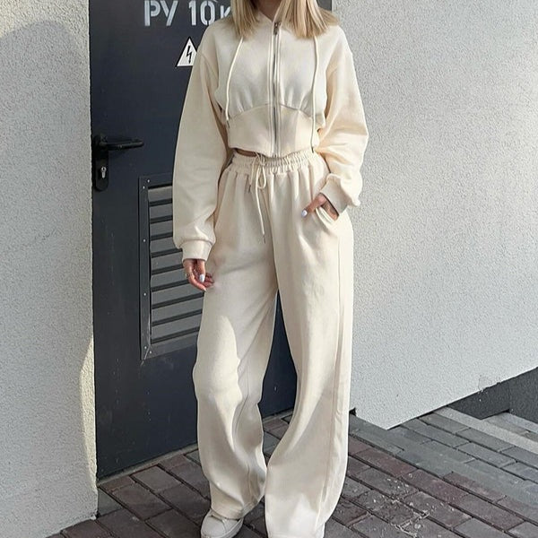 Dam Lounge Set – Hoodie med Dragkedja – Vida Byxor – Mjuk Bomullsblandning