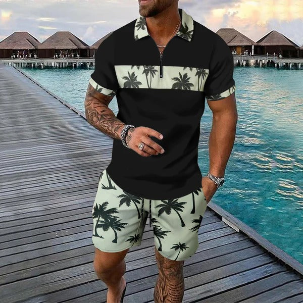 Herrset med pikétröja med dragkedja – Regular fit – Tropiskt mönster – Shorts med dragsko