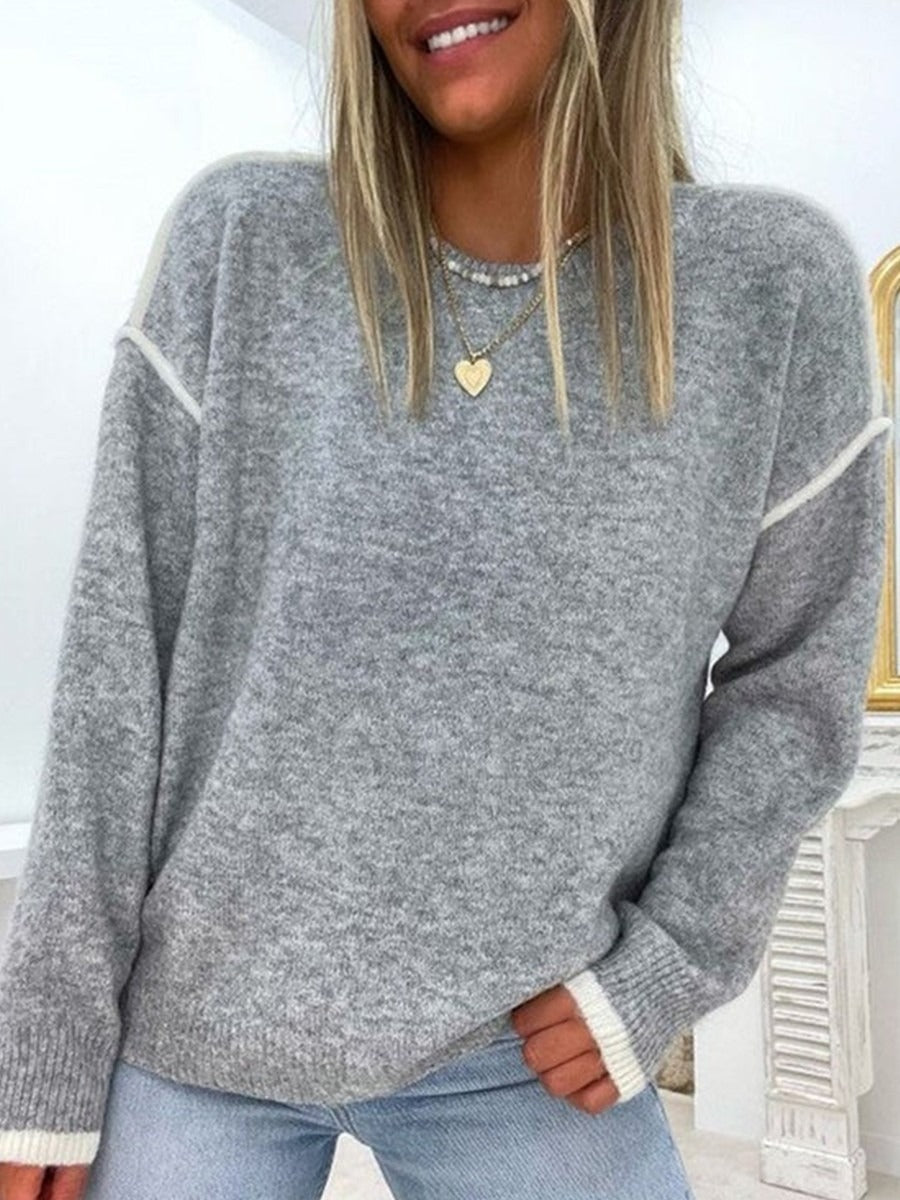 Damsweatshirt – Avslappnad Passform – Mjuk Stickad Ullmix – Helärm – Kontrastdetaljer