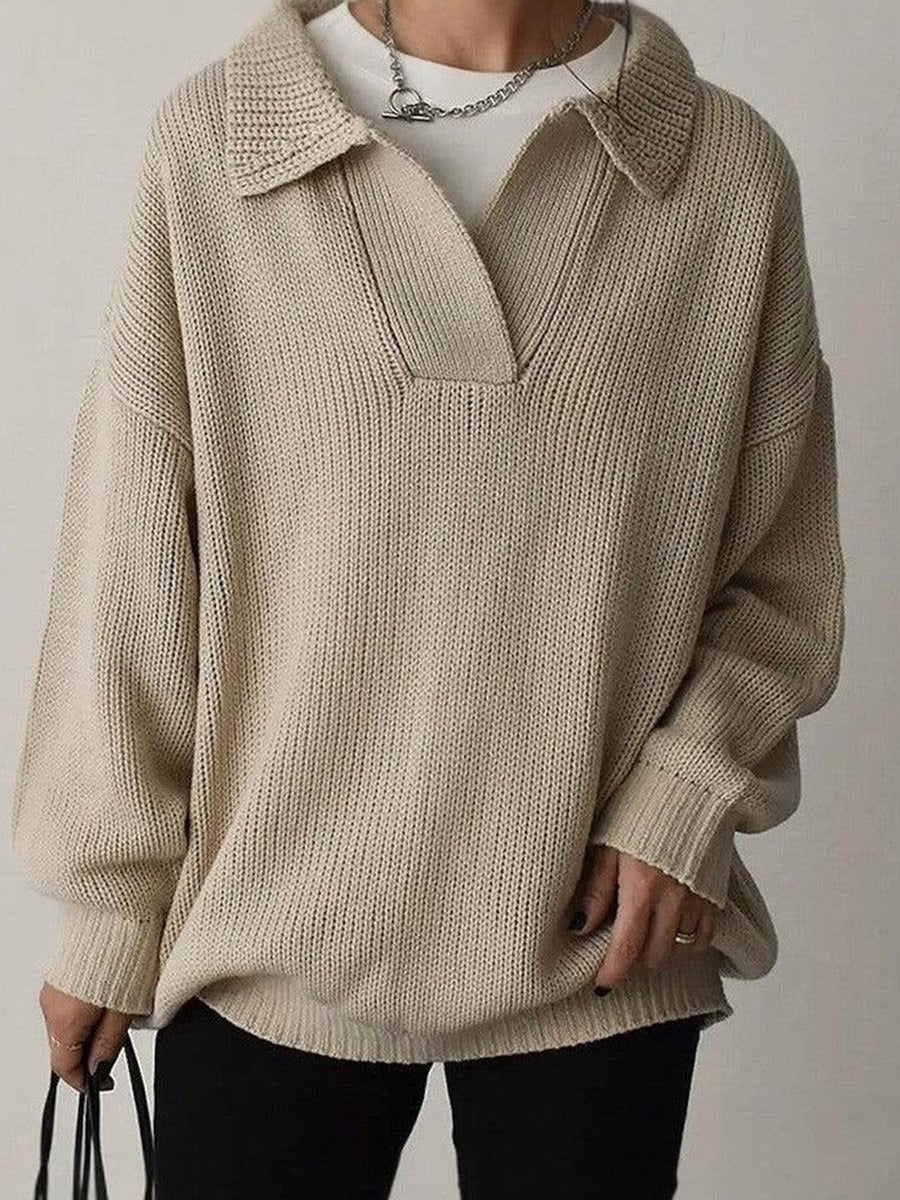 Damtröja – Oversize Passform – Ullmix Stickad – V-ringning – Ribbad Kant