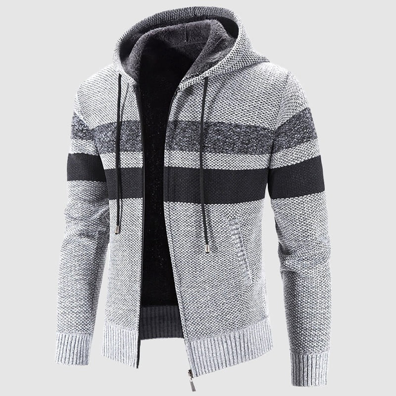 Herrjacka med huva – Regular till slim fit – Stickad textur – Mjuk fleecefodrad – Dragkedja