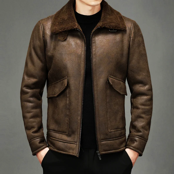 Herrjacka i Läder – Regular Fit – Shearlingkrage – Dragkedja – Vintage-Look