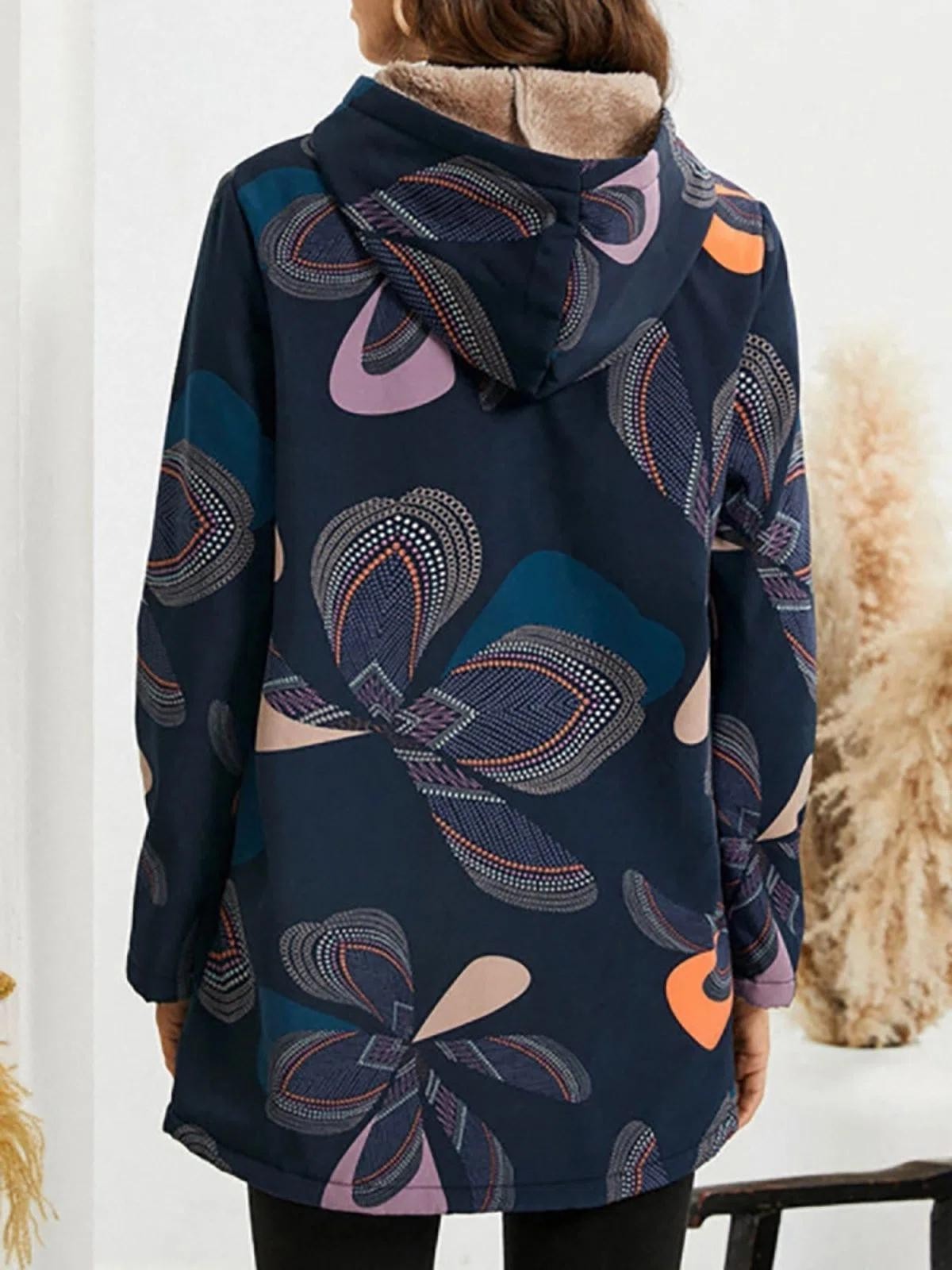 Damjacka med Huva – Avslappnad Passform – Fleecefodrad – Mönstrad – Höftlängd